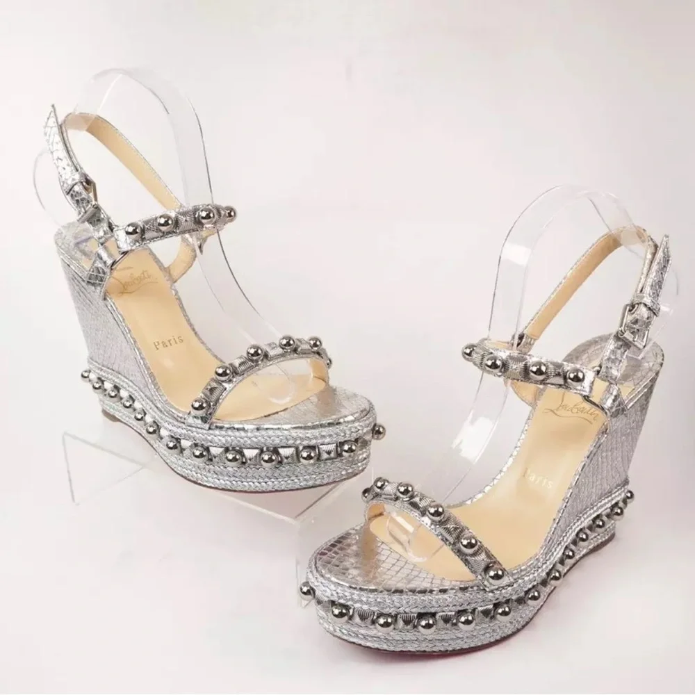 ๐ฅCHRISTIAN LOUBOUTIN 100% AuthSilver Snake&Embellished Platform Espadrille 39 - Picture 11 of 16